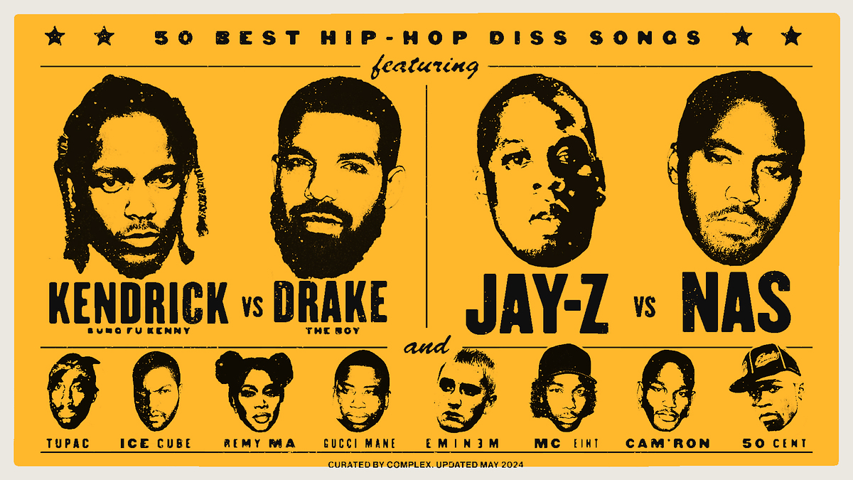 Graphic with faces of hip-hop artists for "50 Best Hip-Hop Diss Songs" list, including Kendrick, Drake, Jay-Z, Nas, and others; best diss songs of all time