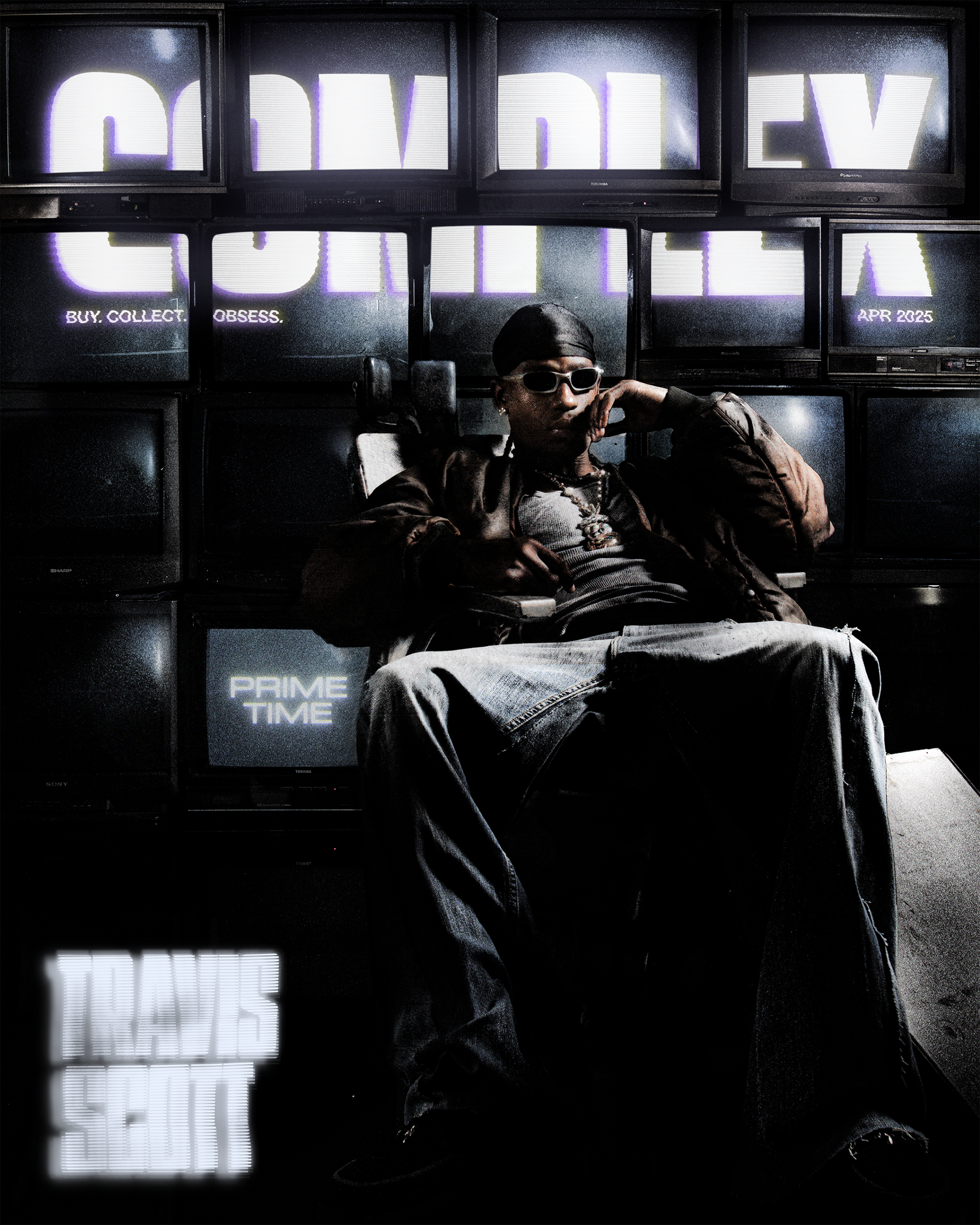 Travis Scott on the cover of Complex 168飞艇开奖官网开奖 Magazine, sitting in front of a wall of TVs